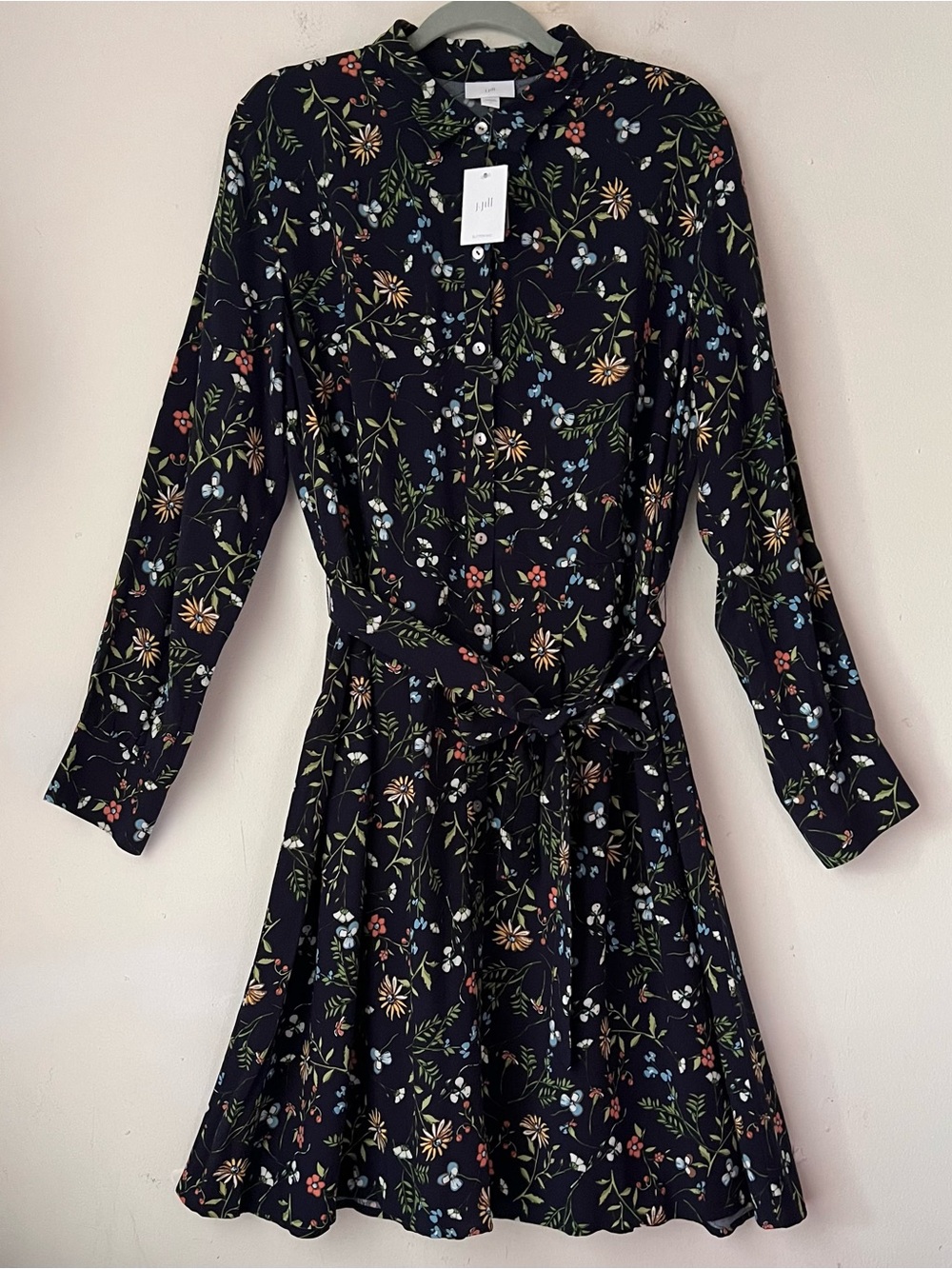 NWT J. Jill Navy Long-Sleeve Button DownFloral Shirt Dress Sz L Removable Belt